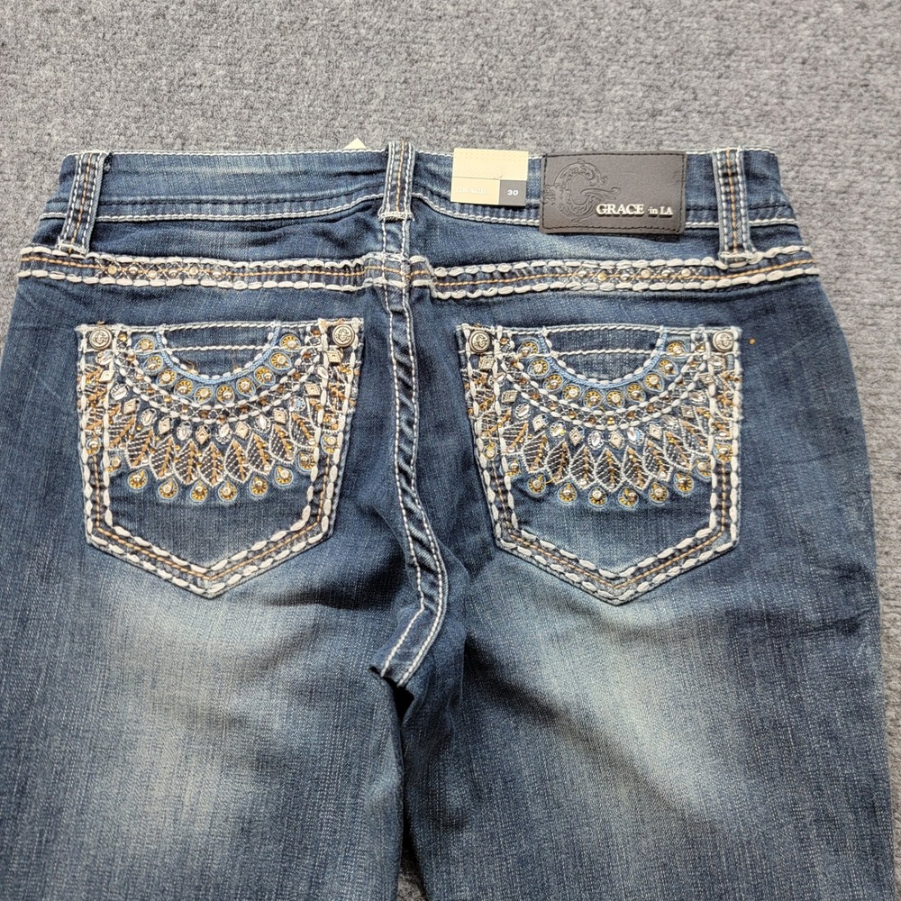 Grace in LA Womens Bootcut Jeans Size 30 Embroidered Rhinestone Medium Wash